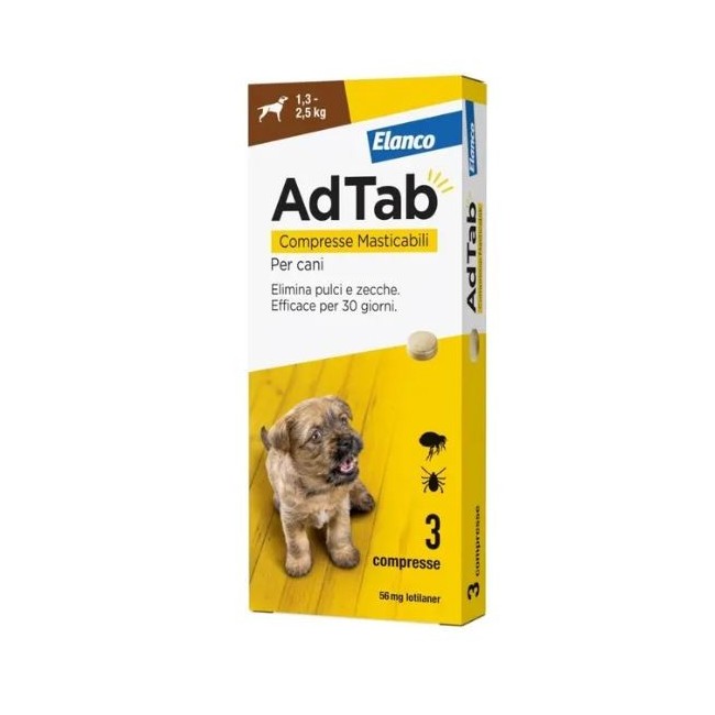 Adtab 3 compresse 56 mg per cani da 1,3 a 2,5 kg Adtab 3 compresse 56 mg per cani da 1,3 a 2,5 kg