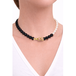 Collana con Perle Naturali e Cuori Neri 1 pezzo