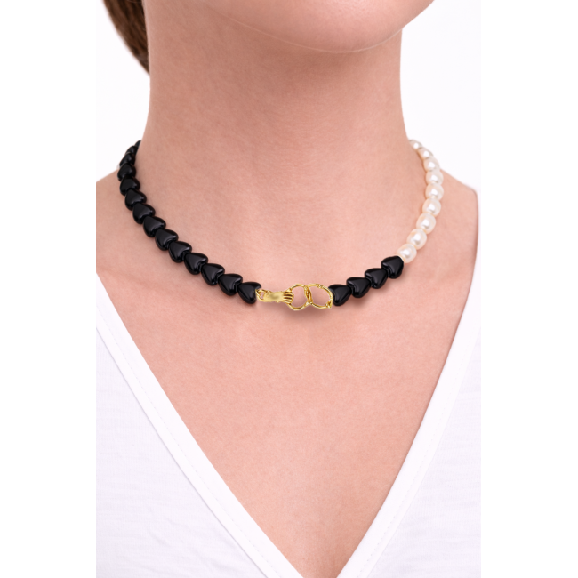 Collana con Perle Naturali e Cuori Neri 1 pezzo Collana con Perle Naturali e Cuori Neri 1 pezzo