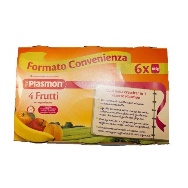 Plasmon Omogeneizzato Ai 4 Frutti 6 Vasetti Da 104 Gr