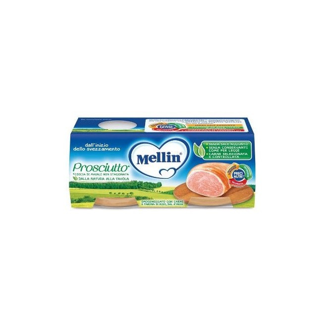 Mellin omogeneizzato prosciutto dal 4° mese 2 pezzi x 80 g Mellin omogeneizzato prosciutto dal 4° mese 2 pezzi x 80 g