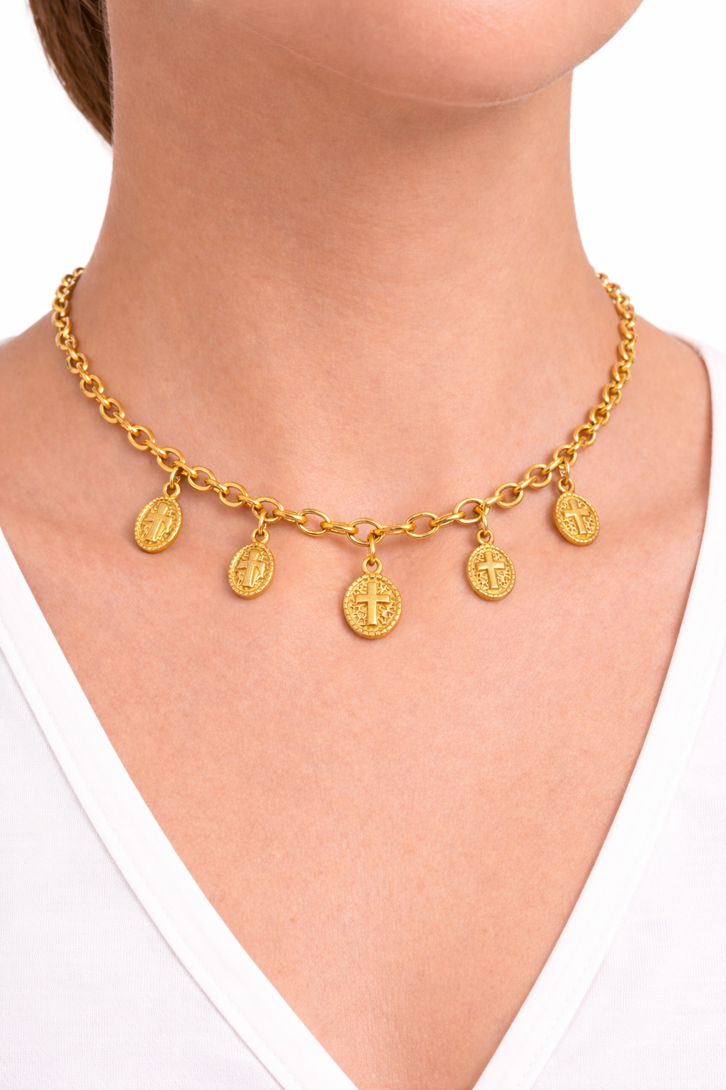 Squake Collana con Croci pendenti Acciao INOX dorata