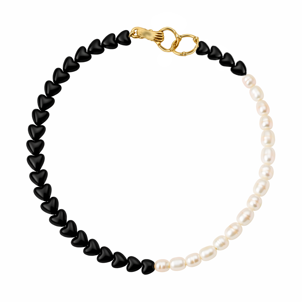Squake Collana con Perle Naturali e Cuori Neri